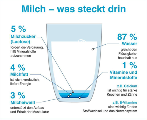 Infografik von Milchglas mit Milch und den Bestandteilen der Milch